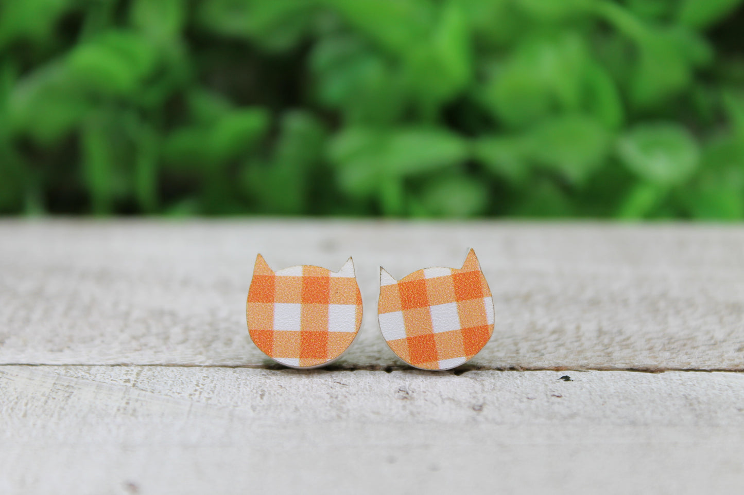 Orange Plaid Cat Face • Stud Earrings