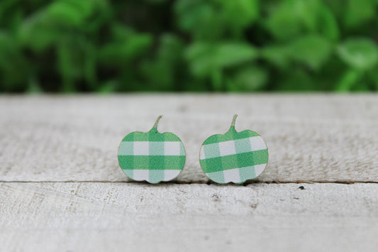 Green Plaid Pumpkin • Stud Earrings