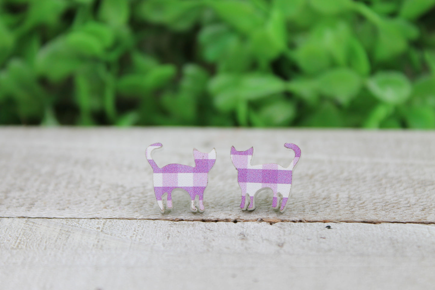 Purple Plaid Cat • Stud Earrings