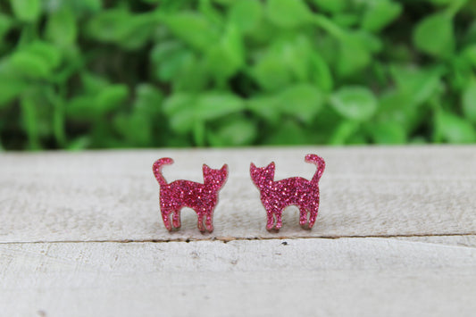 Pink Glitter Cat • Stud Earrings