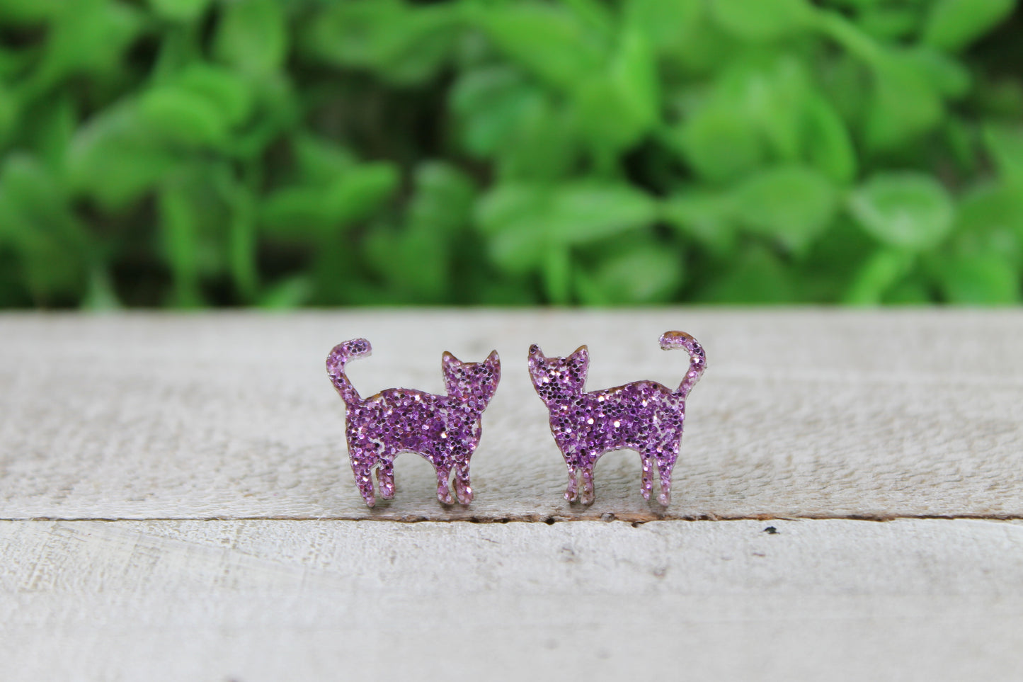 Purple Glitter Cat • Stud Earrings