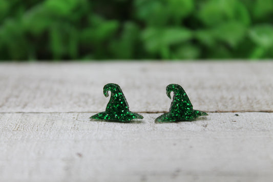 Green Glitter Witch Hats • Stud Earrings