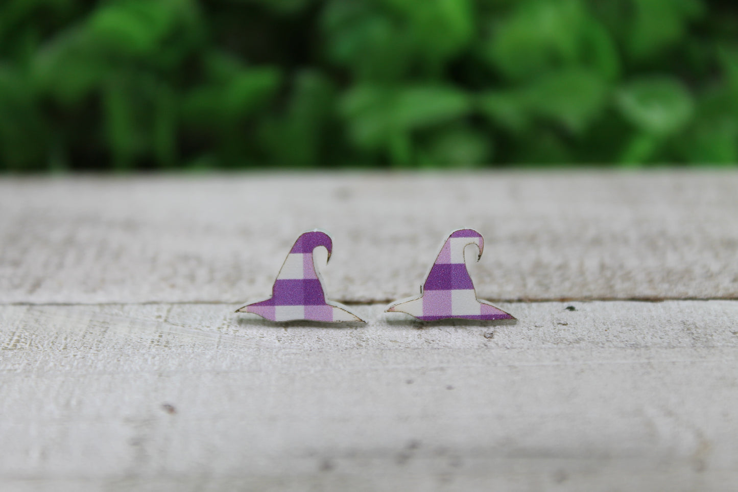 Purple Plaid Witch Hats • Stud Earrings