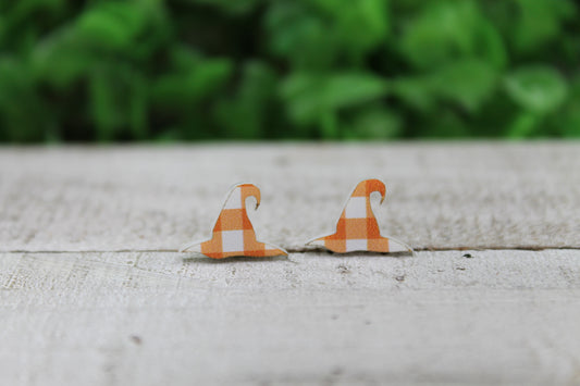 Orange Plaid Witch Hats • Stud Earrings