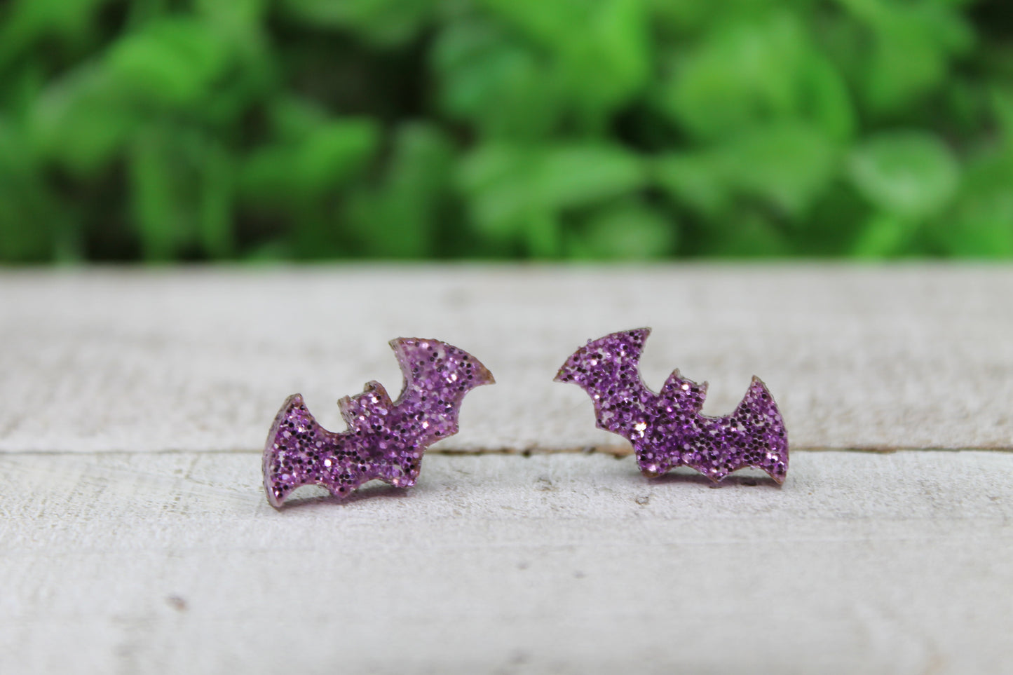 Purple Glitter Bat • Stud Earrings