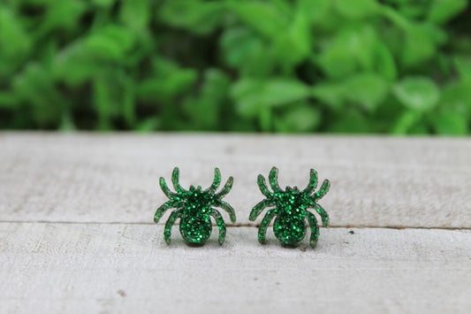 Green Glitter Spider • Stud Earrings