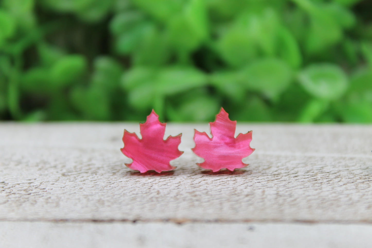 Pink Shimmer Leaves • Stud Earrings