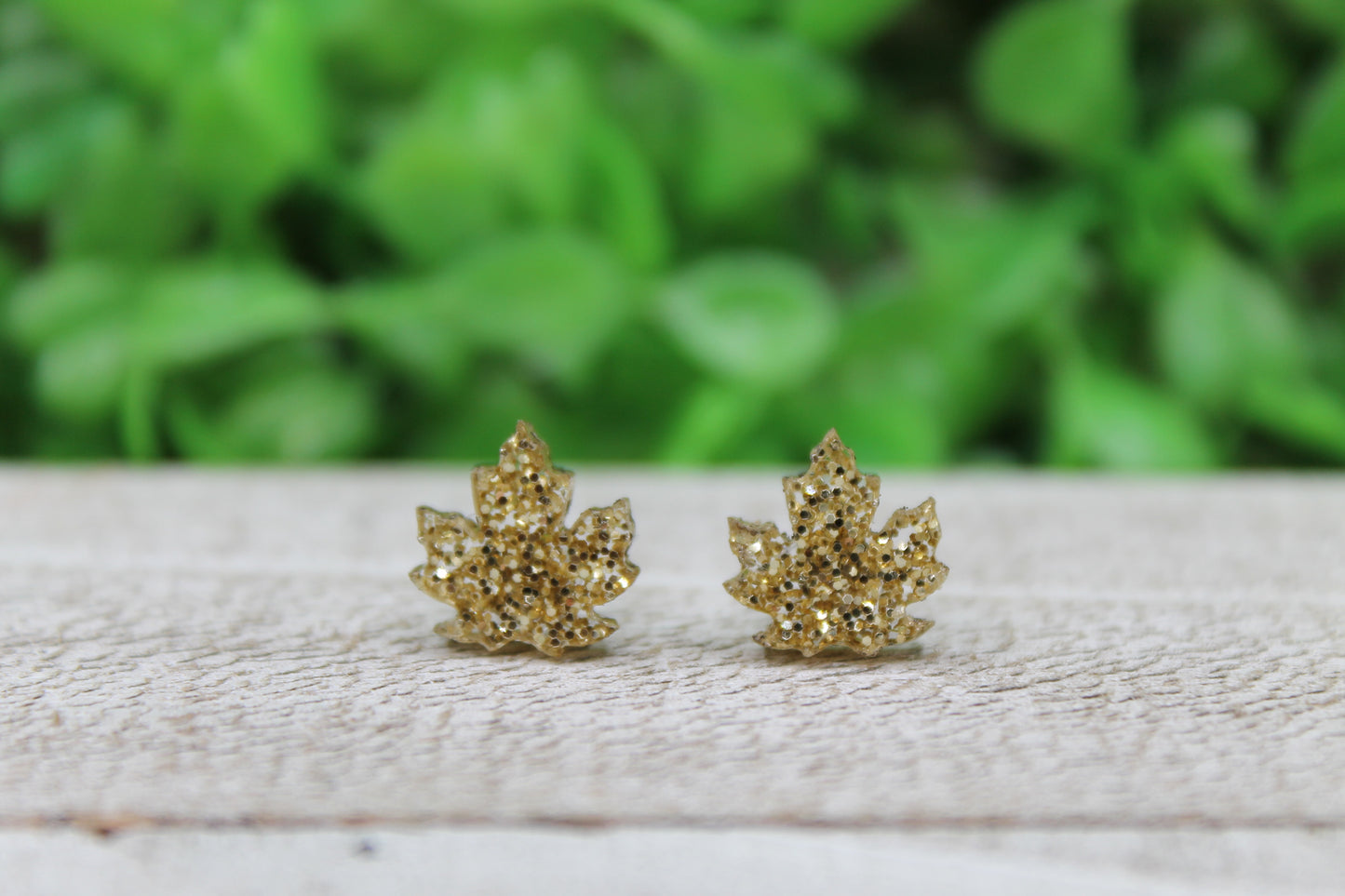 Gold Glitter Leaves • Stud Earrings