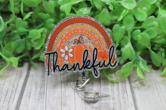 Thankful Rainbow & Pumpkin • Badge/ID Holder with Clip