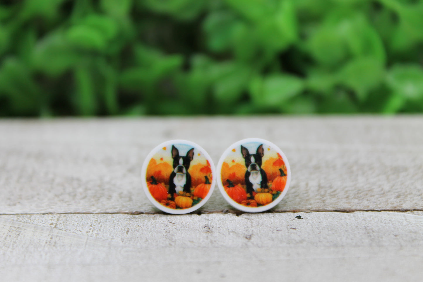 Fall Frenchie with Pumpkins Stud Earrings