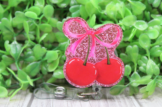 Red Cherries with Pink Bow • Badge/ID Holder with Clip