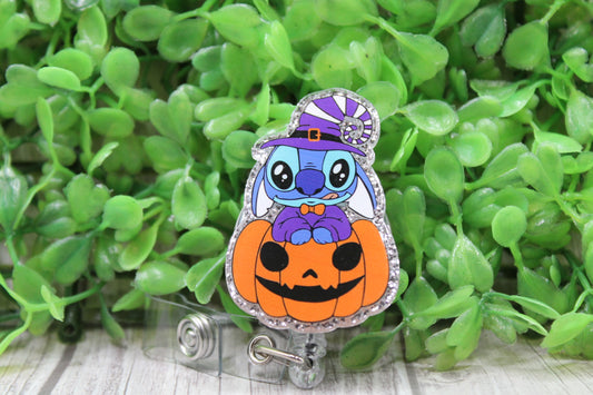 Jack-O-Lantern Stitch in Witch Hat • Badge/ID Holder with Clip