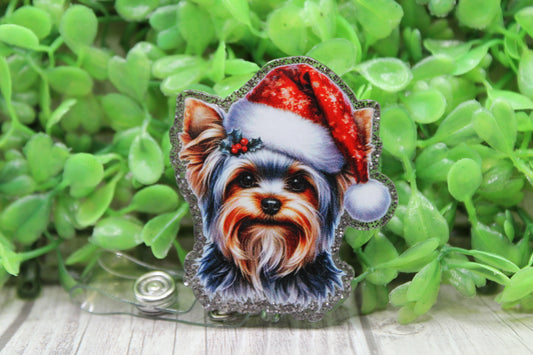 Christmas Santa Hat Yorkie • Badge/ID Holder with Clip