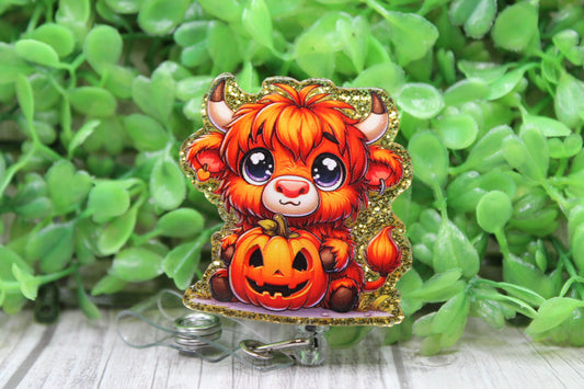 Highland Cow with Jack-O-Lantern • Badge/ID Holder with Clip