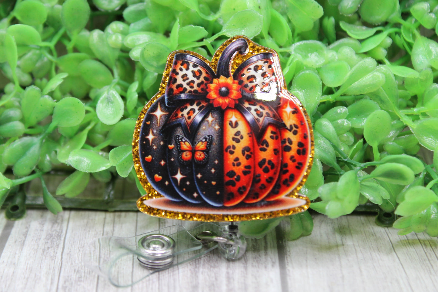 Black & Orange Pumpkin with Bow • Badge/ID Holder with Clip