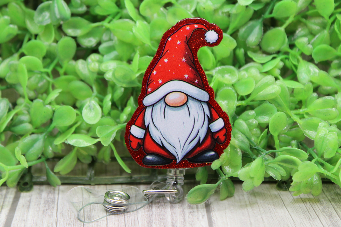 Red Christmas Gnome • Badge/ID Holder with Clip