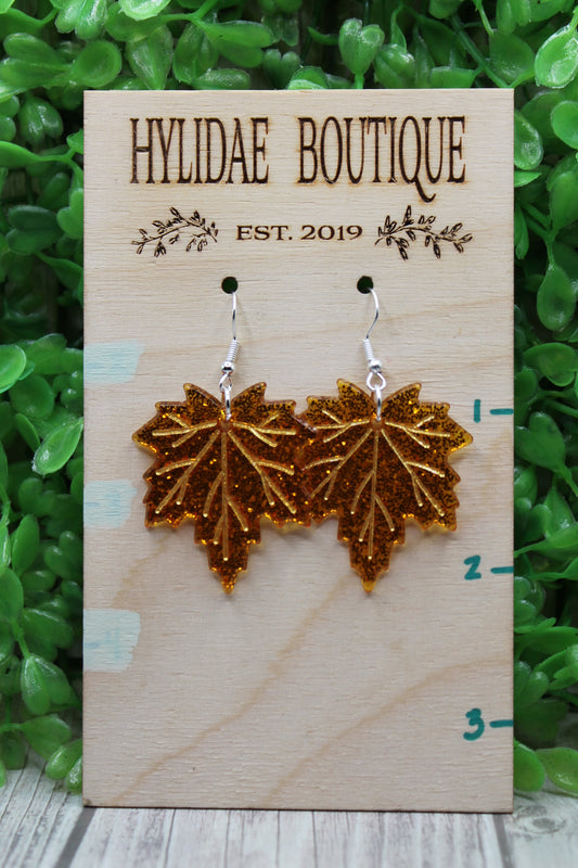 Fall Leaves Orange Glitter • Dangle Earrings