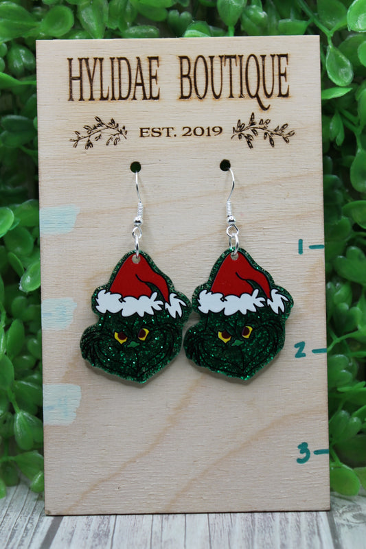 Green Glitter Mr. Grumps • Dangle Earrings