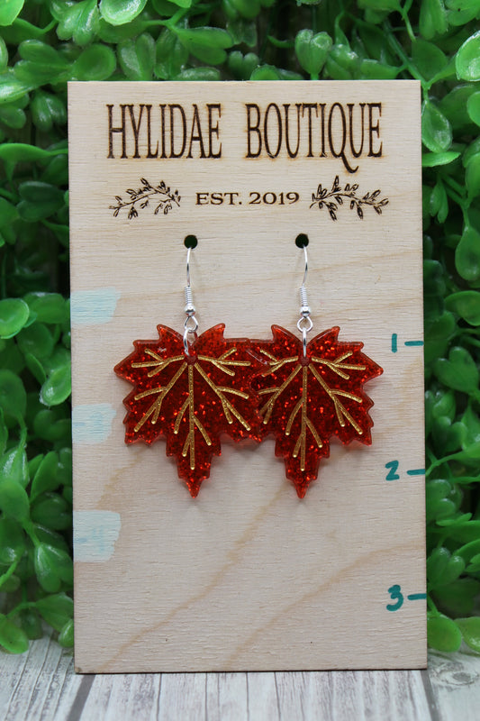 Fall Leaves Red Glitter • Dangle Earrings