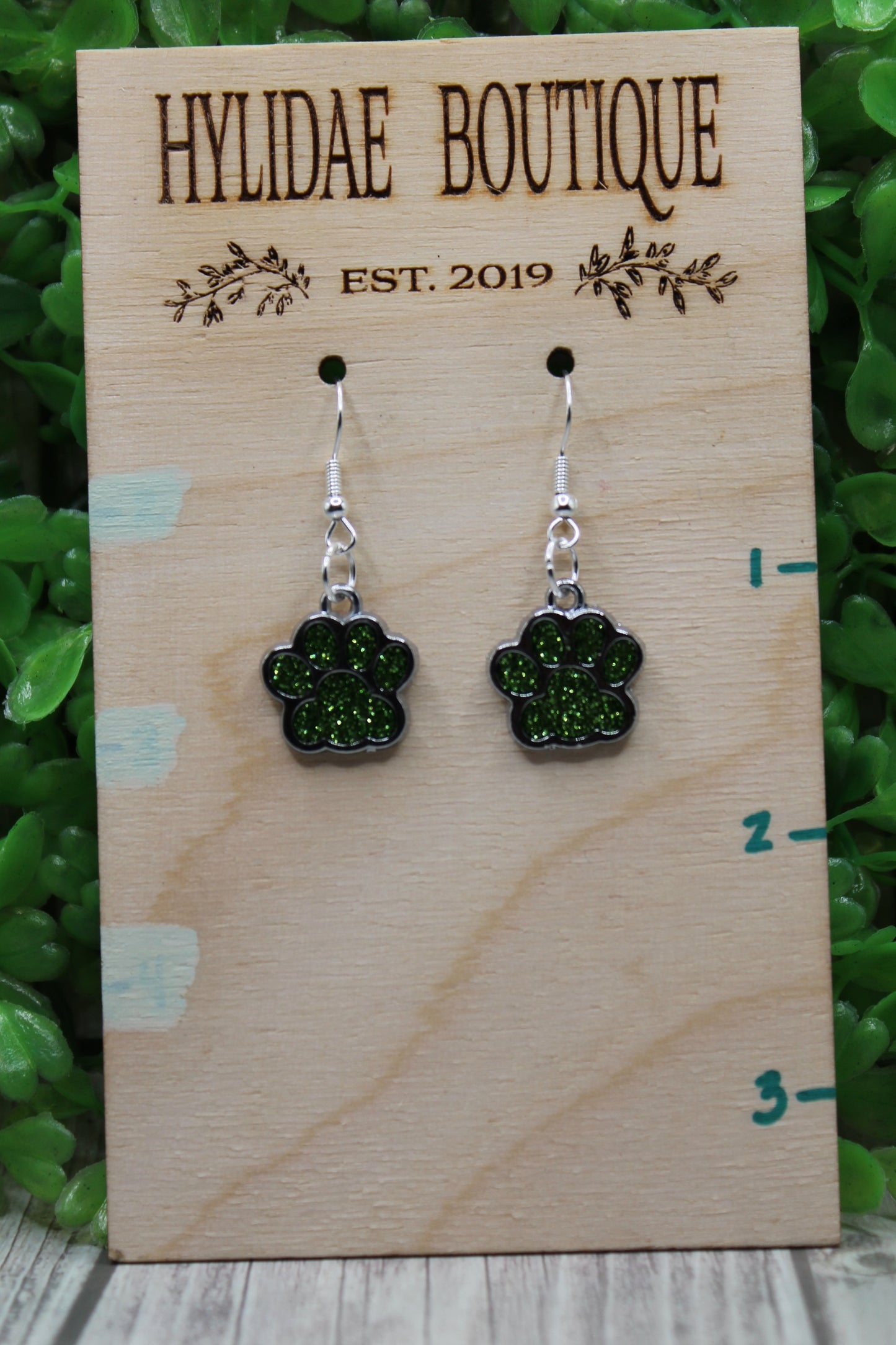 Lime Green Glitter Paw Prints || Dangle Earrings