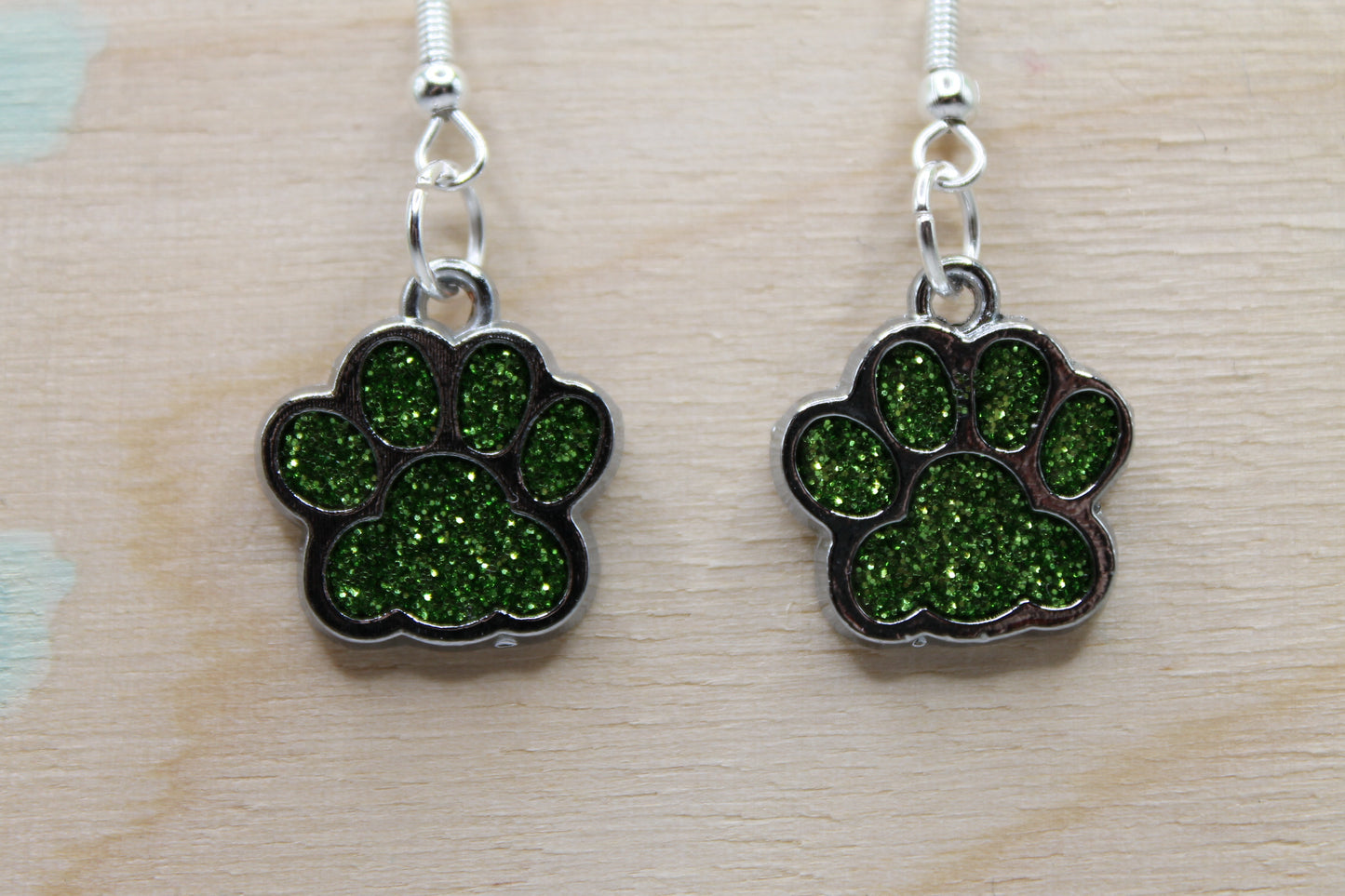 Lime Green Glitter Paw Prints || Dangle Earrings