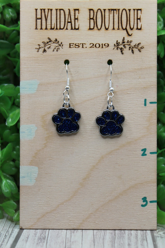 Royal Blue Glitter Paw Prints || Dangle Earrings