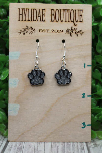 Silver Glitter Paw Prints || Dangle Earrings