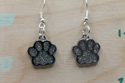 Silver Glitter Paw Prints || Dangle Earrings