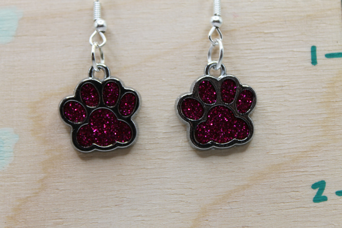 Magenta Glitter Paw Prints || Dangle Earrings