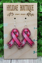 Pink Ribbon with Heart Breast Cancer Awareness on Glitter • Dangle Earrings