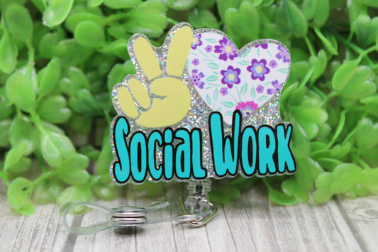 Social Work Peace Love Floral Heart • Badge/ID Holder with Clip