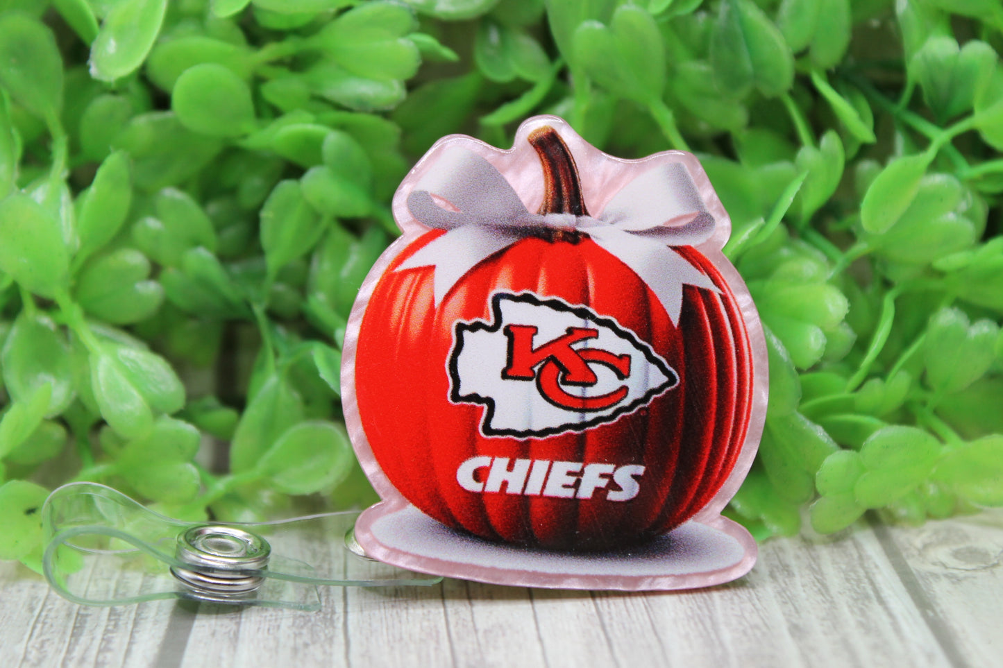 Football Pumpkin KC Chiefs Bow • Badge/ID Holder with Clip