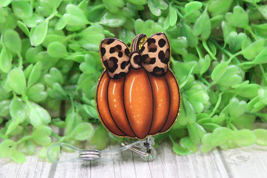 Leopard Bow Pumpkin • Badge/ID Holder with Clip