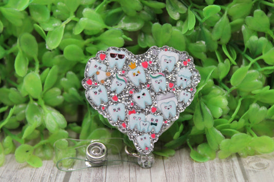 Tiny Teeth on Silver Glitter Heart Dentist Dental • Badge/ID Holder with Clip