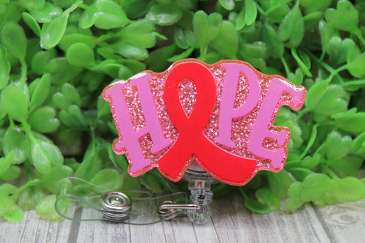 HOPE Breast Cancer Awareness Ribbon • Badge/ID Holder with Clip