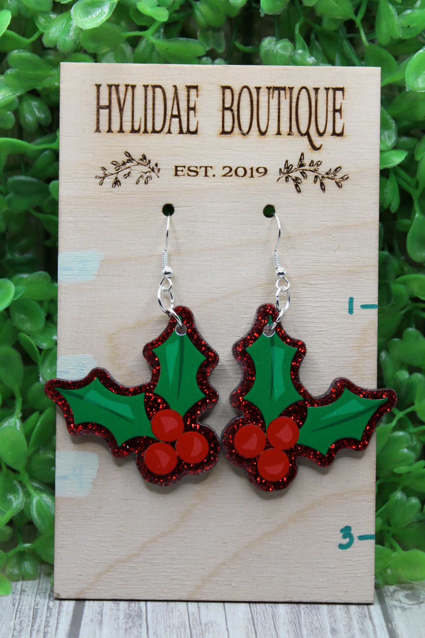 Christmas Holly Red Glitter • Dangle Earrings