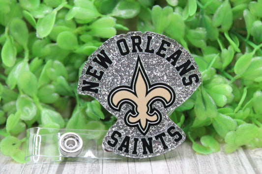 Football Saints Silver Glitter • Badge/ID Holder with Clip