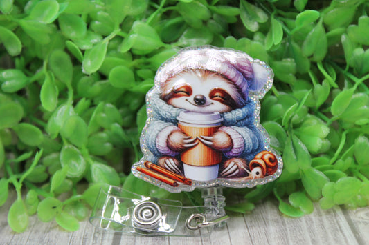 Sloth Coffee Cozy Season • Badge/ID Holder with Clip