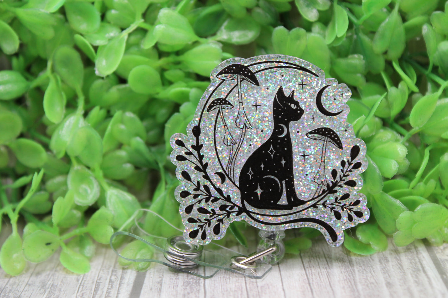 Mystic Black Cat Moons Mushrooms Silver Glitter • Badge/ID Holder with Clip