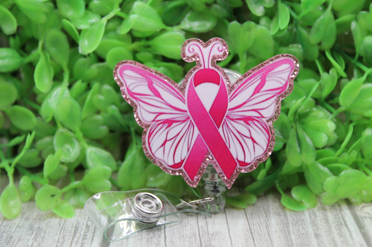 Pink Ribbon Butterfly Breast Cancer Awareness • Badge/ID Holder with Clip