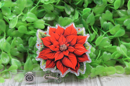 Red Poinsettia Silver Glitter Christmas Winter • Badge/ID Holder with Clip