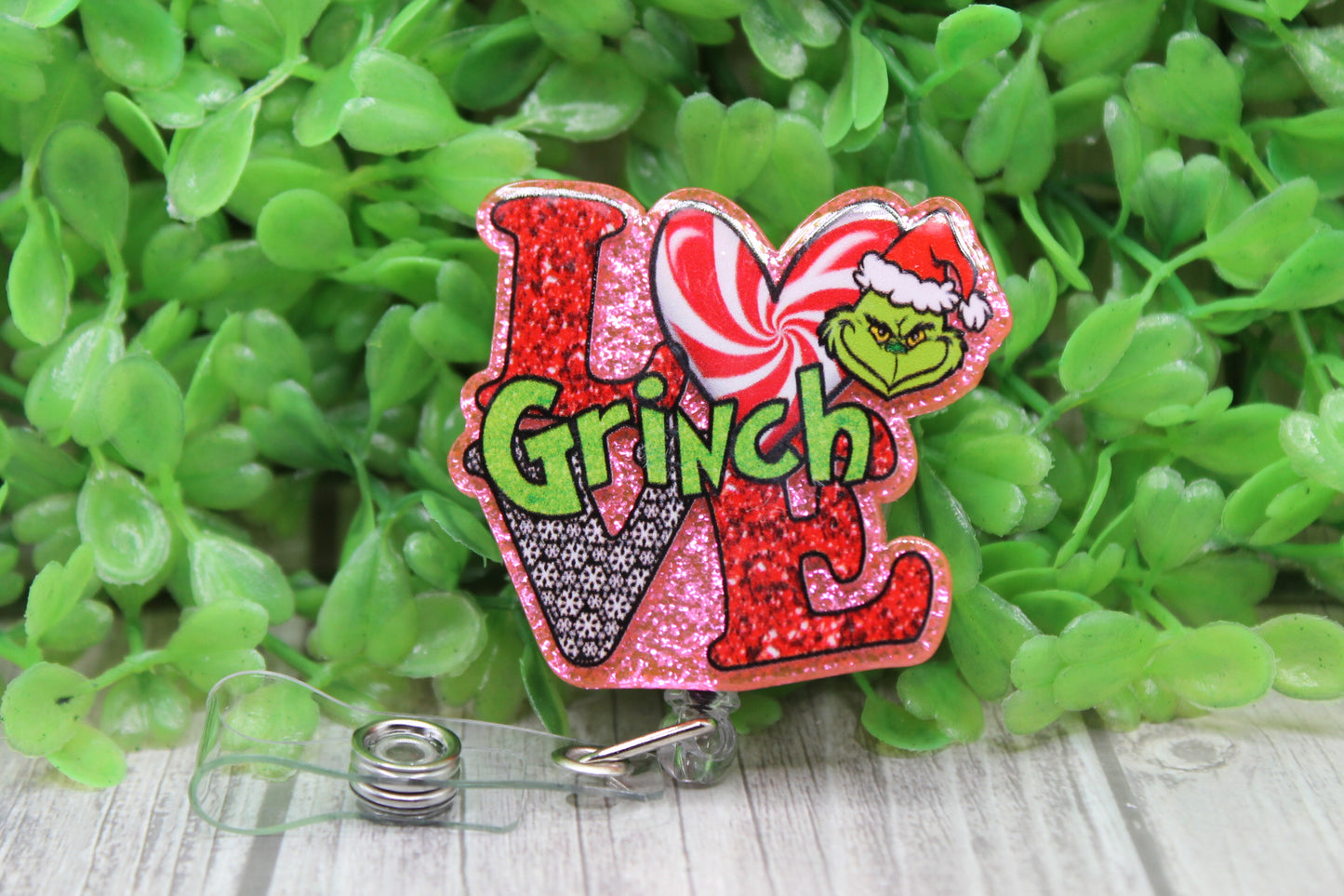 LOVE Grinchmas Peppermint Heart Red Marble • Badge/ID Holder with Clip