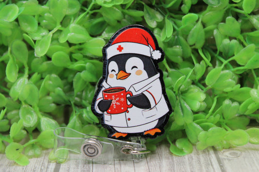 Medical Penguin with Coffee • Badge/ID Holder with Clip