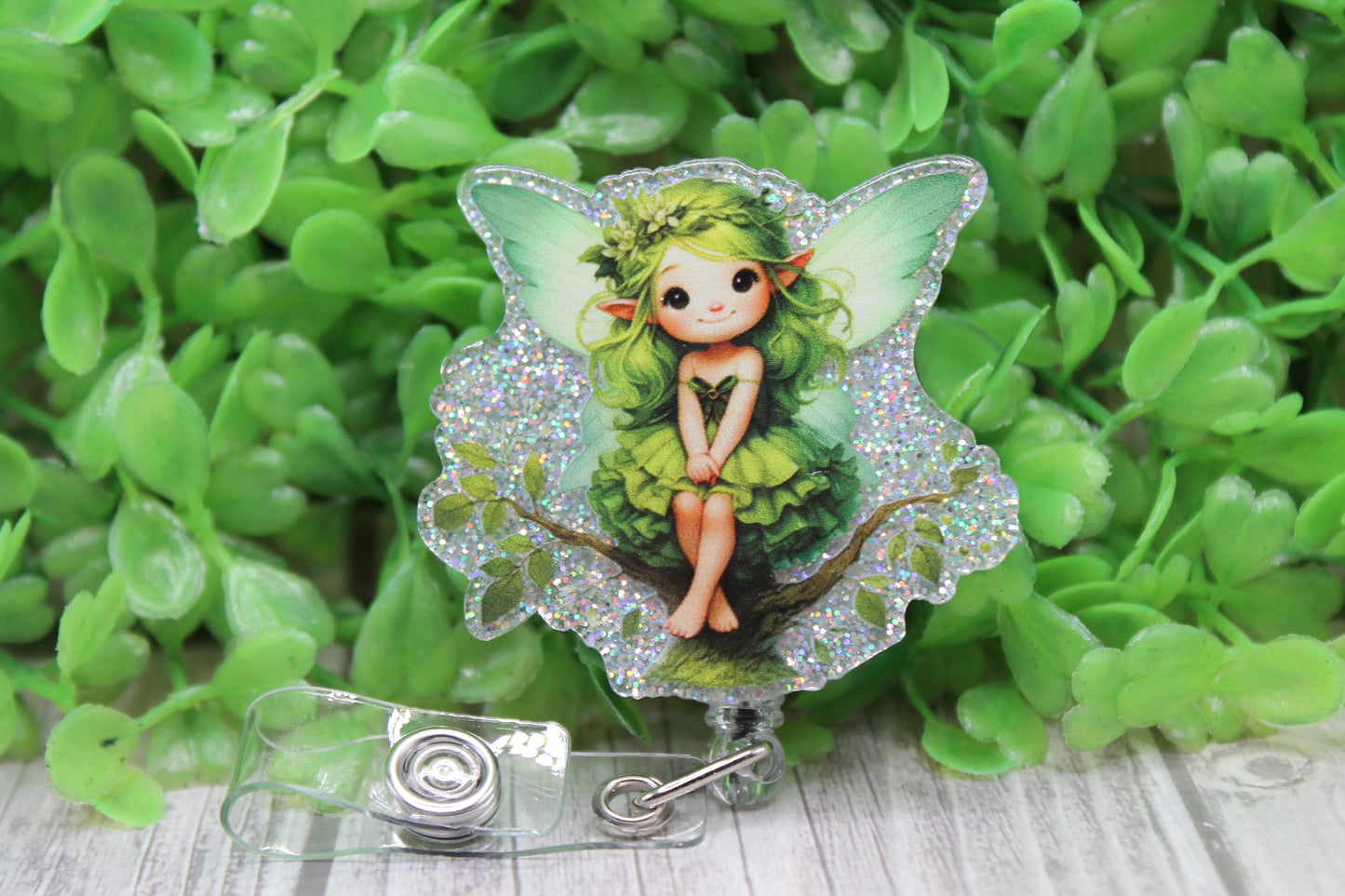 Green Fairy Silver Glitter • Badge/ID Holder with Clip