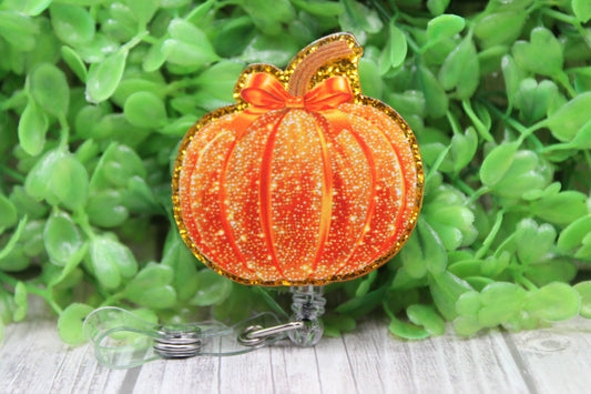 Pumpkin with Orange Bow • Badge/ID Holder with Clip