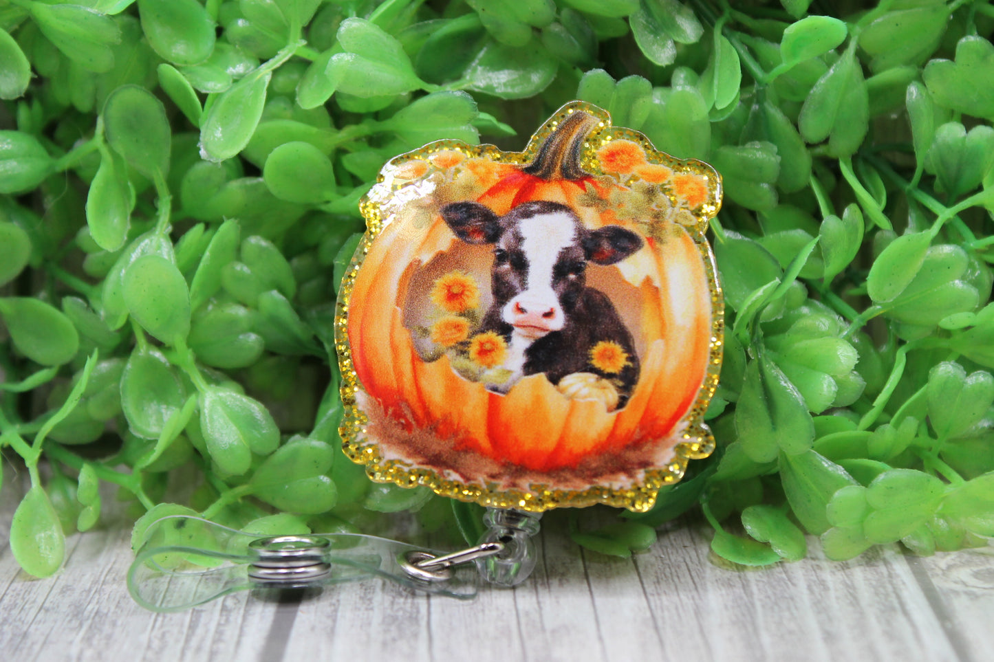 Pumpkin with Cow and Flowers • Badge/ID Holder with Clip