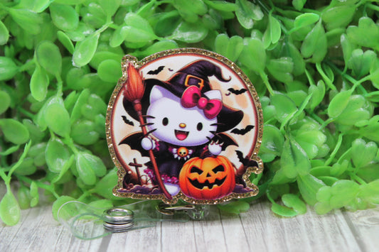 Halloween Witch Cat with Bow and Jack-O-Lantern • Badge/ID Holder with Clip