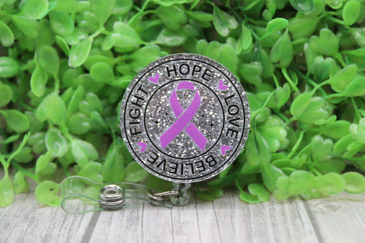 Breast Cancer Awareness Silver Glitter Circle • Badge/ID Holder with Clip