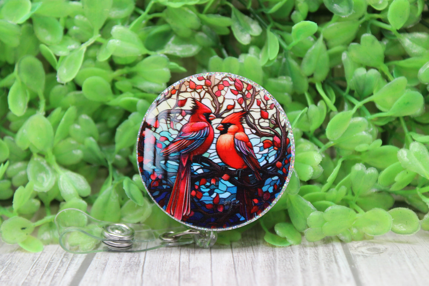 Cardinals Stained Glass Circle • Badge/ID Holder with Clip