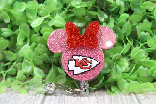 Pink Glitter Chiefs with Red Glitter Bow • Badge/ID Holder with Clip